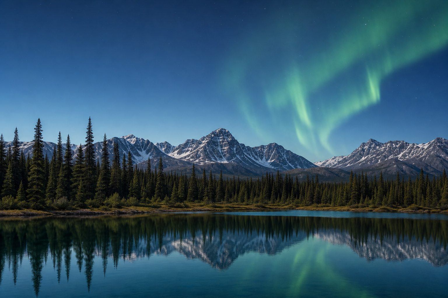 A still northern lake reflecting pine forest, snowy mountains, and green aurora